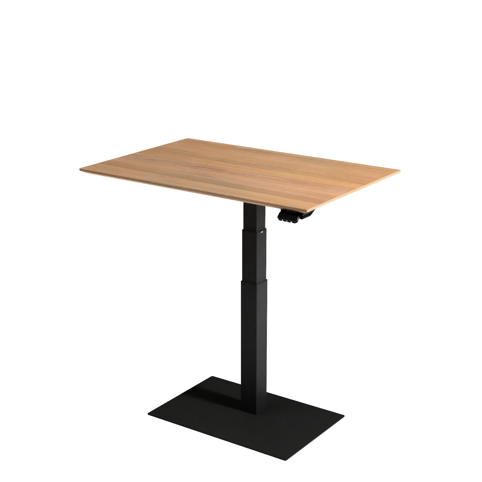 Stylish small electric standing desk with oak tabletop and black metal pedestal.