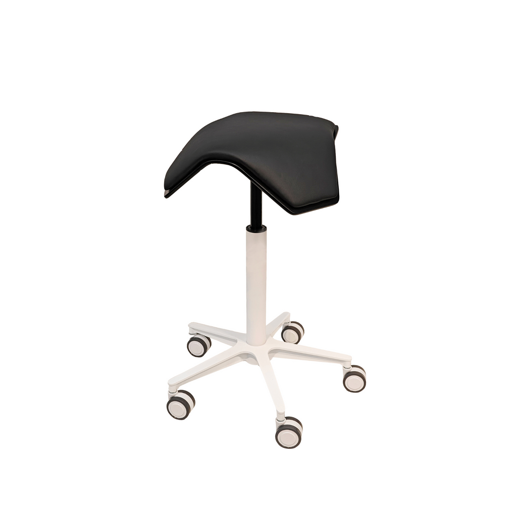 Saddle seat ergonomic chair with black cushion and white base.