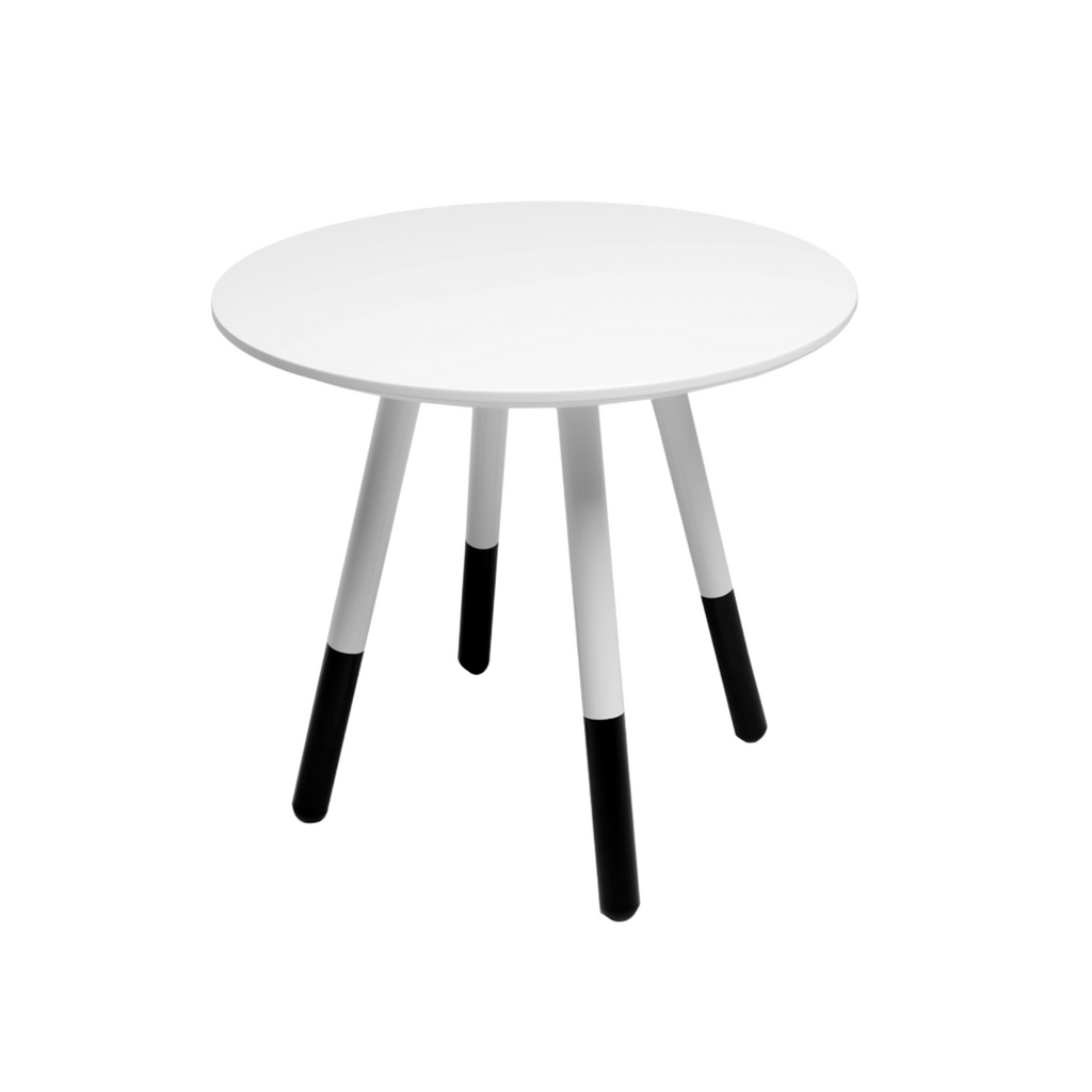 Daywalker coffee table with a white tabletop and black-and-white legs, 55 cm diameter.