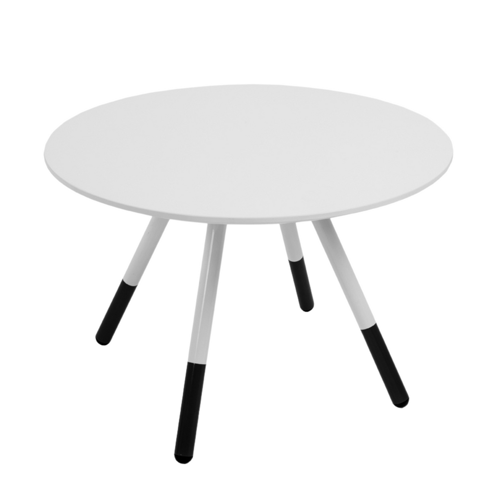 Daywalker coffee table with a white tabletop and white-and-black legs, 75 cm diameter.