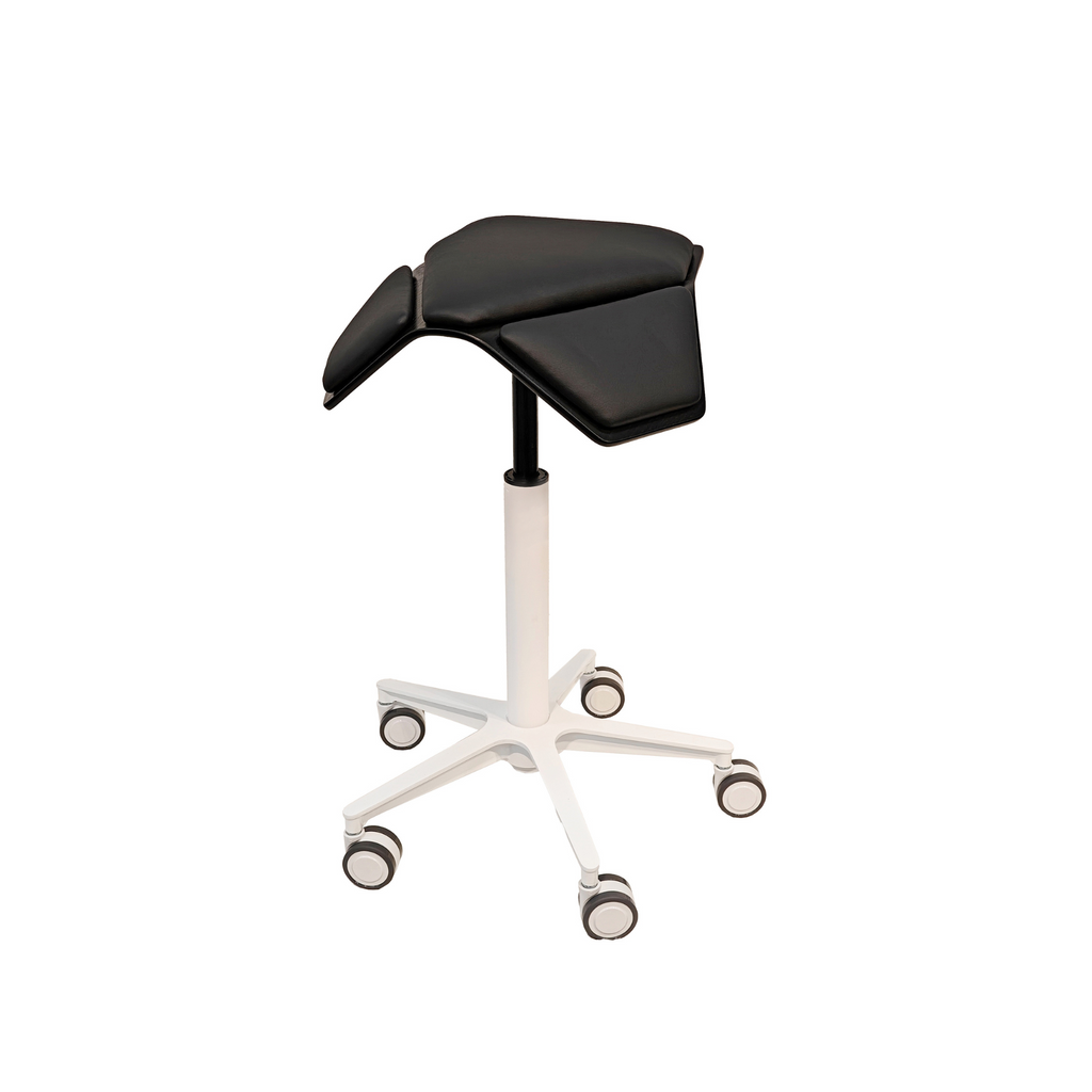 Iloa+ saddle seat with black seat and white base.