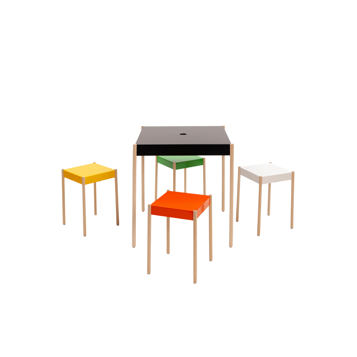 La Table-B1W stools with wooden legs and a La Table table